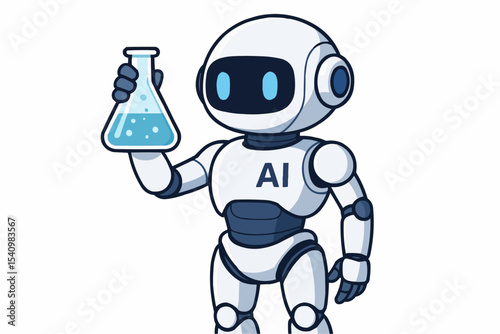 A cartoon robot holding a flask with blue liquid in its hand for science and technology concept
