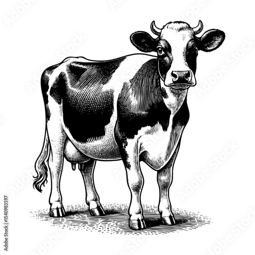 Dairy cow sketch engraving black and white outline. Scratch board imitation.  illustrated in vintage line art style on a white background.