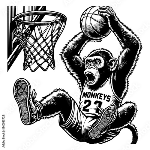 Monkey slam dunk sketch engraving black and white outline. Scratch board imitation. illustrated in vintage line art style on a white background.