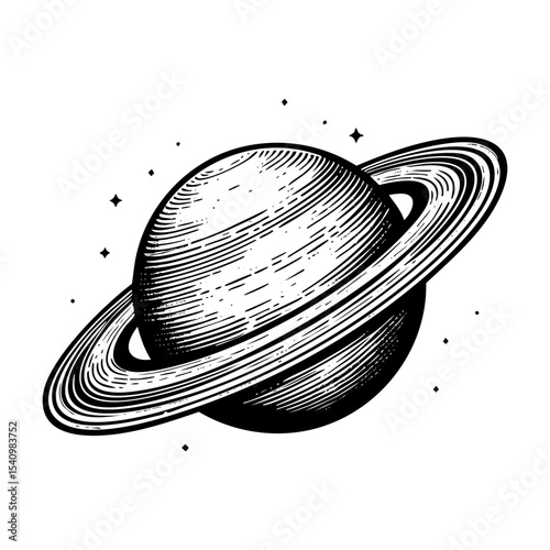 saturn planet sketch engraving black and white outline. Scratch board imitation.