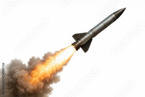 Military missile rocket with fire trail isolated on white background representing defense technology and aerospace engineering capabilities