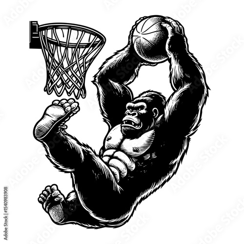 Gorilla slam dunk sketch engraving black and white outline. Scratch board imitation. illustrated in vintage line art style on a white background.