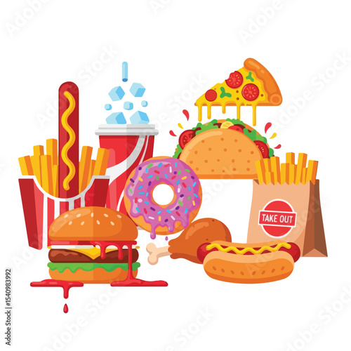 A colorful arrangement of junk food items including burger, pizza, taco, donut and soda.