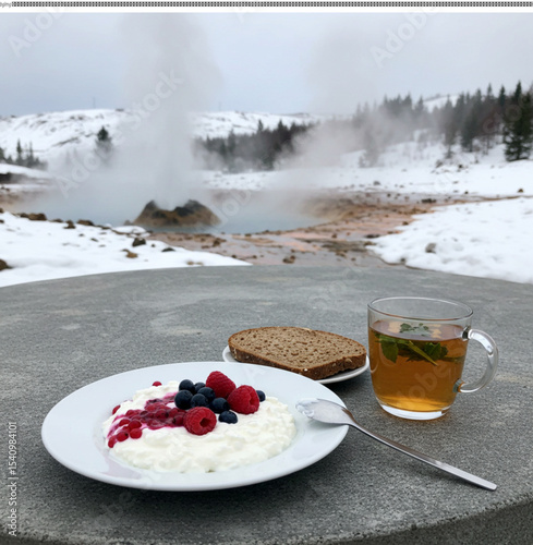 Geothermal Landscape Breakfast Yogurt, Berries, and Tea