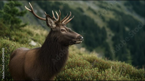 Majestic red deer stag with antlers, standing in its natural mountain habitat