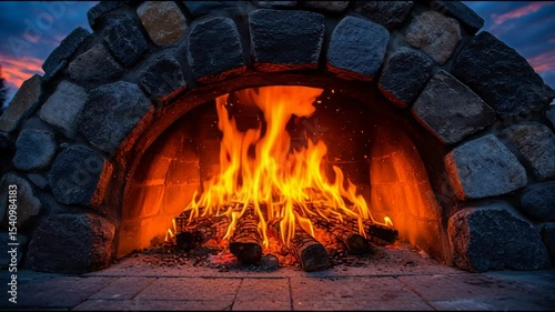 A cozy and warm roaring fire in a rustic outdoor stone fireplace at twilight