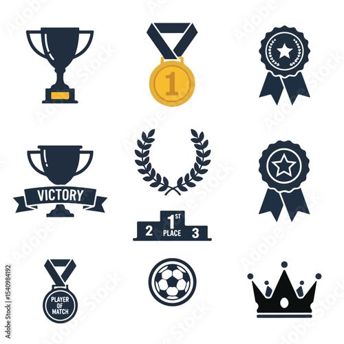 Image features an assortment of awards including trophy, medals, victory banner and crown.
