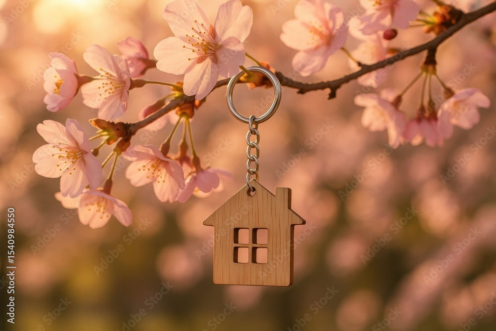 Wooden house-shaped keychain dangling from cherry blossom branch symbolizing new property ownership dreams Wooden house-shaped keychain dangling from cherry blossom branch symbolizing new property ownership dreams