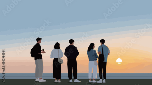 A minimalist vector illustration depicting five silhouetted figures, likely young adults, standing in a row facing a sunset over a calm body of water. The figures are rendered in solid black