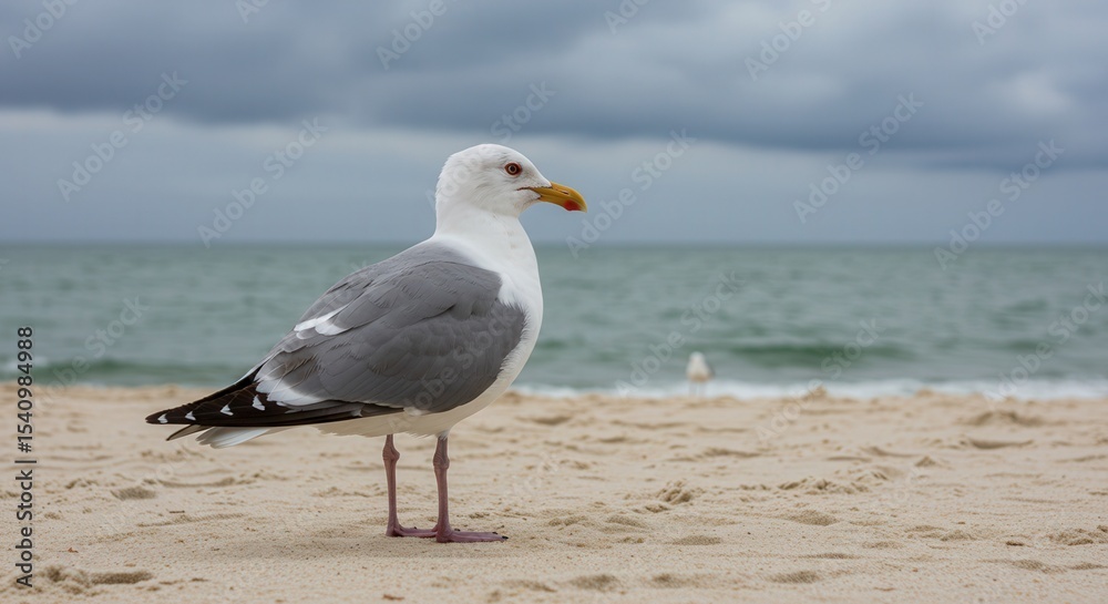 Fototapeta premium Seagull standing on sandy beach with ocean in background 