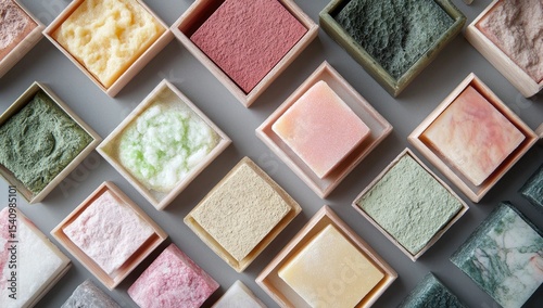 Assorted handmade soaps in small boxes, arranged in a grid pattern on a gray background.  Various colors and textures visible
