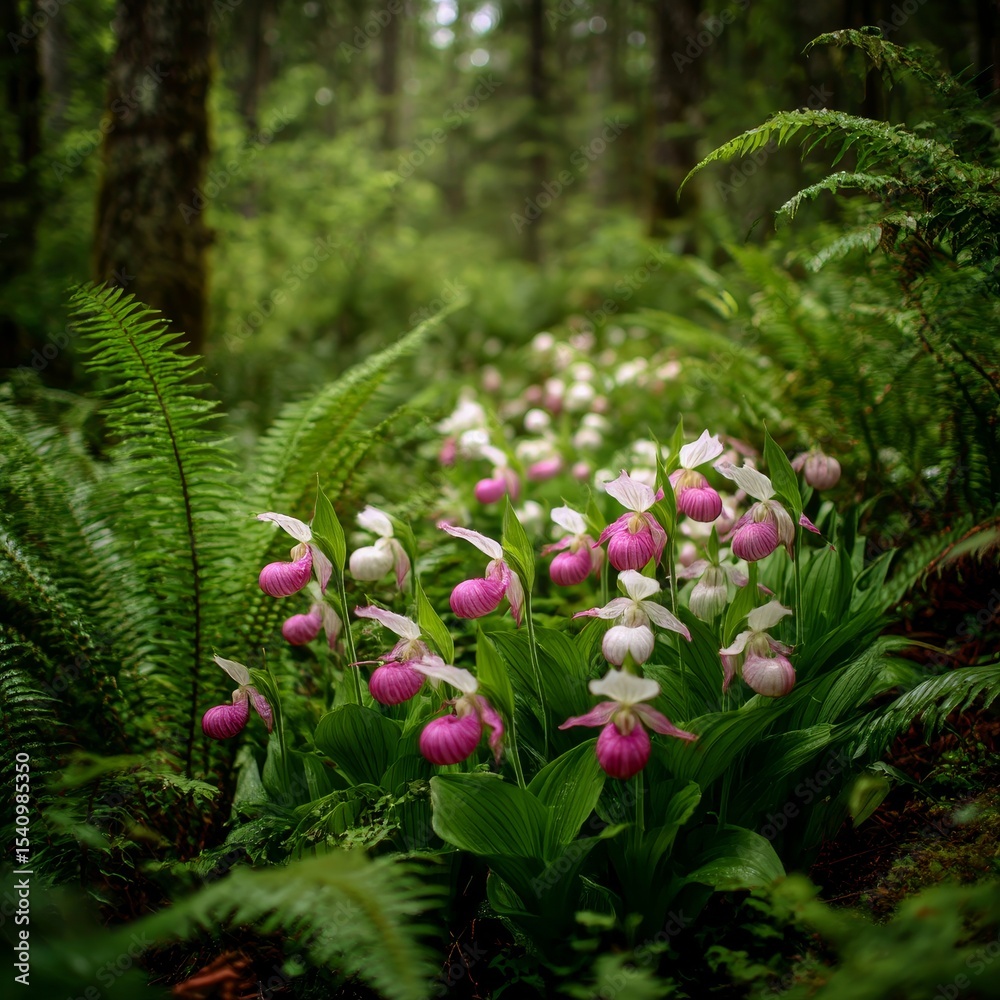 a patch of lady's slipper orchids with pink and white blooms nestled among green forest ferns a patch of lady's slipper orchids with pink and white blooms nestled among green forest ferns