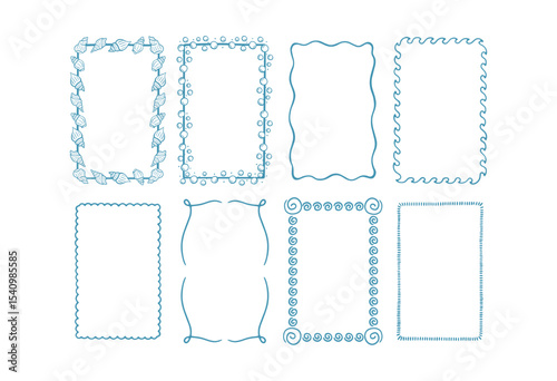Hand drawn doodle rectangle frames set with wavy lines, seashells, bubbles and minimal borders for summer beach design and ocean-themed projects