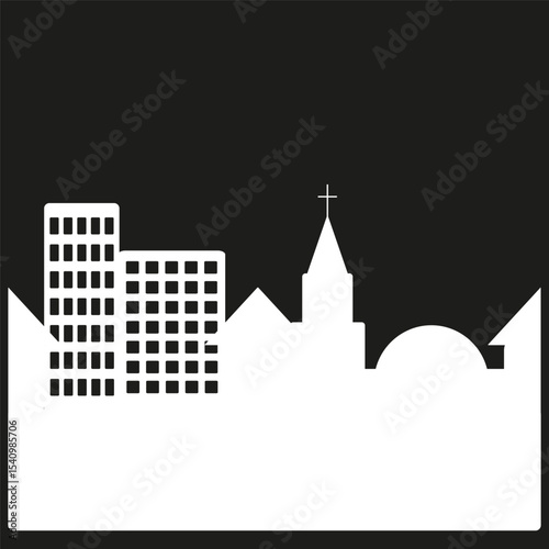 City church silhouette. White skyline figure. Vector building shape. Black contrast background.