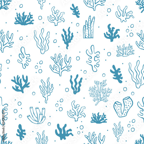 Seamless coral reef pattern with hand drawn underwater plants and seaweed elements on white background for ocean, summer, textile and wrapping design