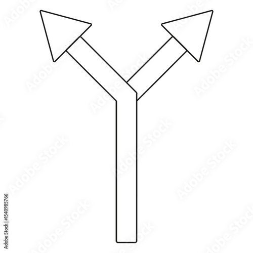 Outlined arrow icon. Overlapping fork shape. Directional path guide. Vector illustration.