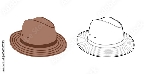 Safari Hat with band. Head Fashion accessory cap with wide brim with stitching clothing technical illustration. Vector headgear for Men, women style, flat template CAD mockup sketch outline isolated