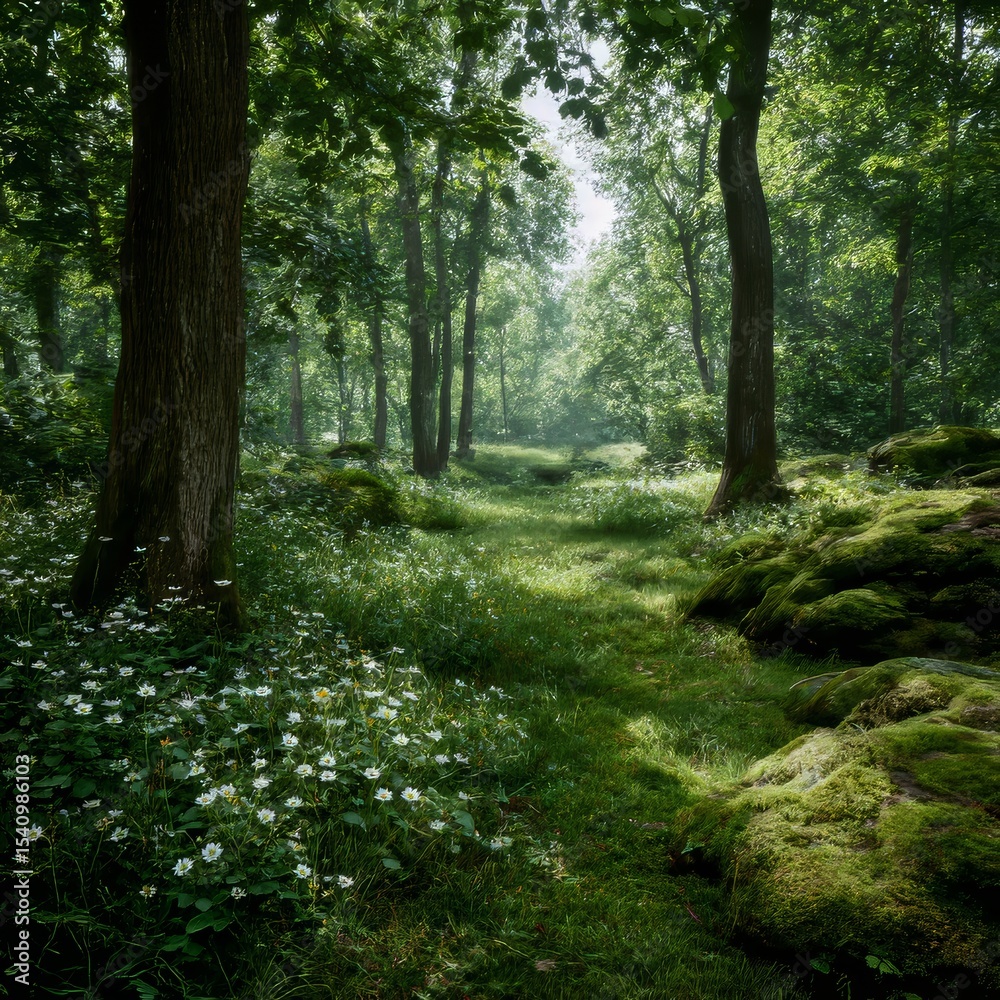 Obraz premium a peaceful forest glade with wildflowers green moss and leafy trees creating a serene shaded environment