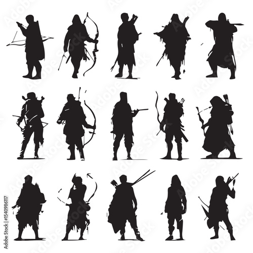 bow hunter silhouette set, Black & White silhouette set