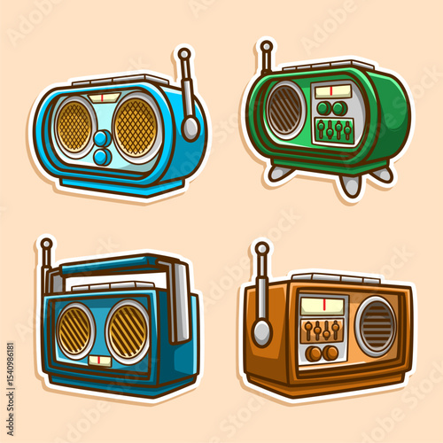 Antique radio illustration in a collection of four sets. Classic retro cartoon model