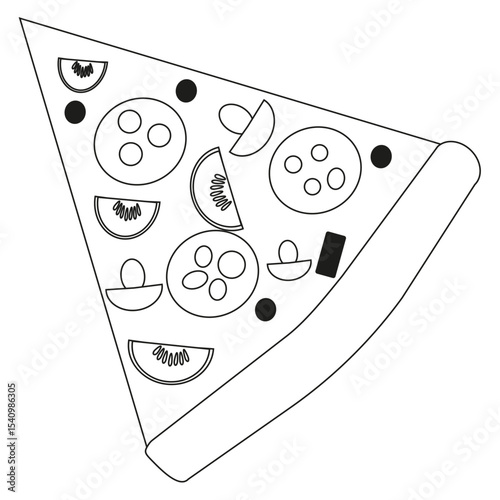 Pizza slice icon. Triangular piece vector. Topping detail shape. Outline food symbol.