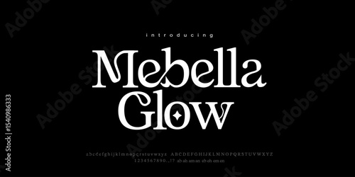 Font Mebella Glow. Elegant Font Uppercase Lowercase And Number. Classic Lettering Minimal Fashion Designs. Typography modern serif fonts regular decorative vintage concept. vector illustration.