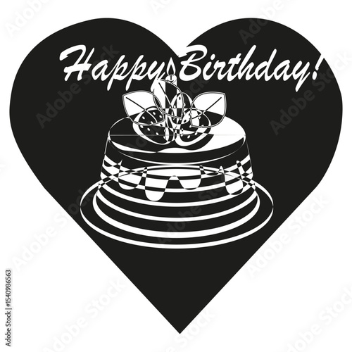 Birthday cake icon. Happy Birthday text. Heart black shape. Festive dessert vector.