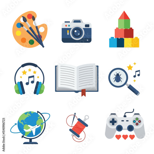 Collage of various objects with paint palette, headphones, book, and globe graphics.