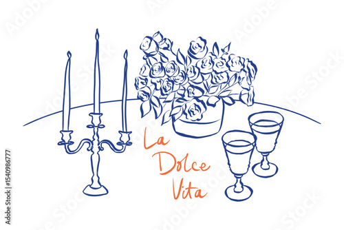 Whimsical doodles of wine and romantic dinner. Vintage icons with la dolce vita aesthetic in crayon and sketch style. Trendy art for menus and wedding invitations. Coquette vector illustration