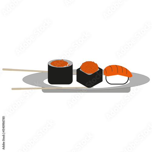 Sushi food plate. Japanese meal icon. Seafood vector concept. Chopsticks cuisine element.