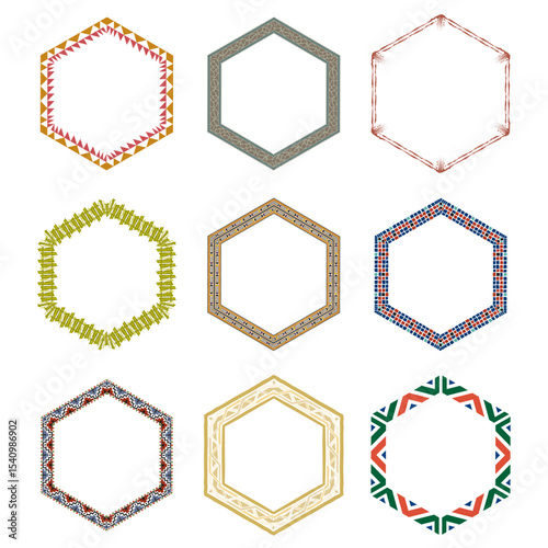 Decorative frame set. Hexagon pattern shape. Ornamental border design. Vector vintage element.