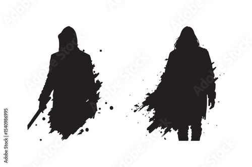 Ink Splatter Hooded Character Silhouette Dark Grunge Shadow Art Illustration