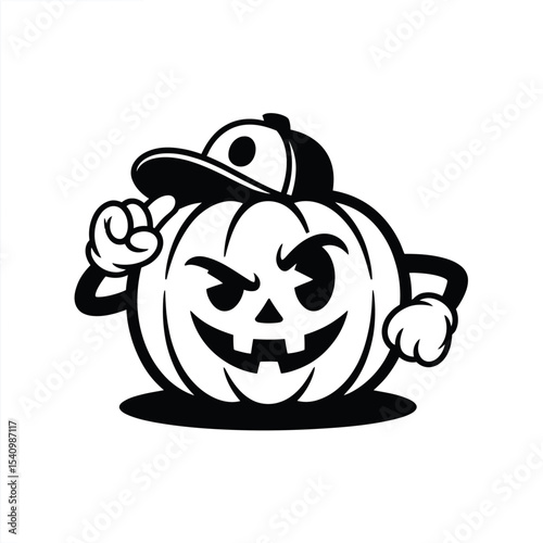Pumpkin cartoon with a baseball cap in black and white, perfect for Halloween designs, autumnthemed illustrations, kids apparel, and prints.