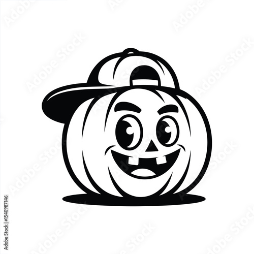 Pumpkin with a backwards baseball cap, suited for fall designs. Festive and trendy Halloween décor. Black and white photography.