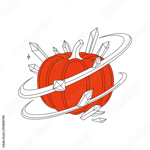 Orange pumpkin surrounded by orbiting crystals. Spooky Halloween concept. Suitable for seasonal designs, greeting cards, and fallthemed content creation.