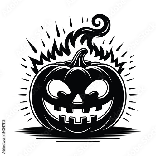 Pumpkin black and white halloween design with a flaming jackolantern suitable for spooky seasonal decorations, invitations, and apparel designs.