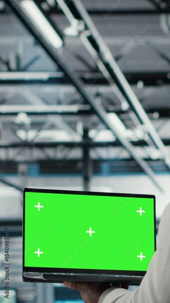 Vertical video Data center admin using isolated screen laptop to ...
