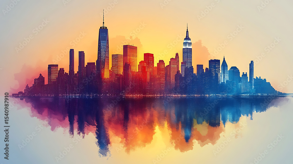Obraz premium abstract watercolor silhouette of new york city, usa skyline, white background, isolated, realistic, a fusion of art and travel inspiration emphasizing iconic city landscapes