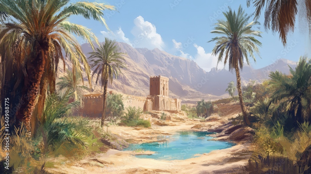 Obraz premium A scenic desert oasis depicts a building near some water