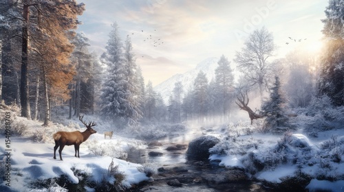 Beautiful winter scenery with animals
