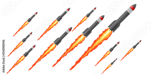 Multiple Flying Rocket Missile Launch Vector Graphic Illustration of Destructive Mass Ballistic Attack with Aggressive Fire Trail Isolated on White EPS Design