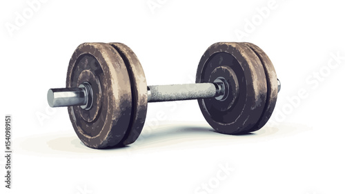 A studio shot of a vintage dumbbell with a bronze or brass finish on a plain white background.  The dumbbell consists of a metal bar connecting two circular weights. 