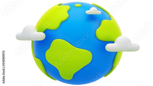 Cartoon earth globe with blue oceans green continents and fluffy white clouds around it