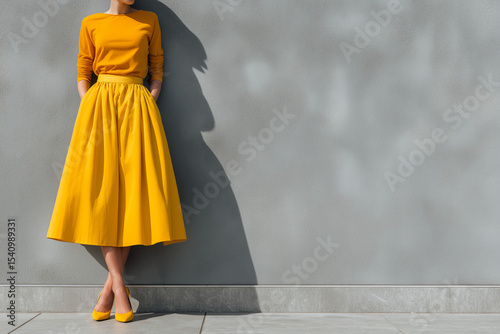 Woman yellow dress standing against grey wall