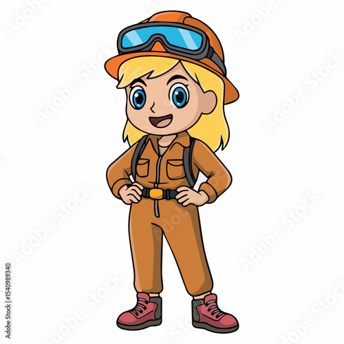 Happy smiling girl explorer cartoon character wearing orange jumpsuit and helmet ready for adventure illustration fun kid