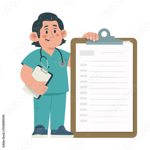 Friendly cartoon doctor holding a large clipboard with a medical checklist for healthcare illustration cute nurse happy