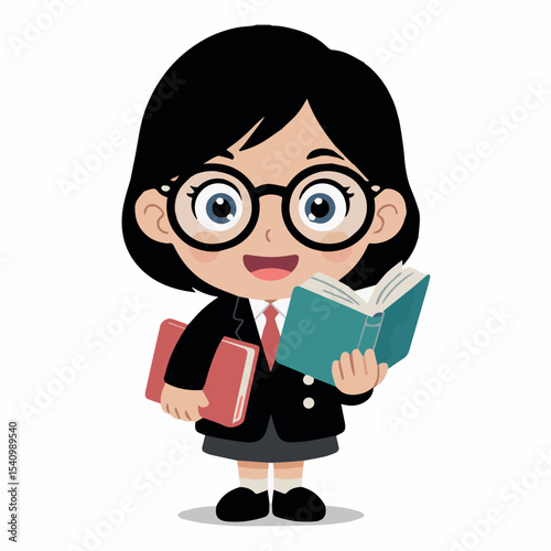 Adorable cartoon girl student holding books smiling happy education illustration kid fun cute child study young school
