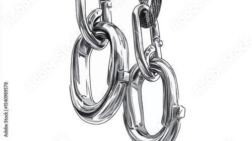 Close-up shot of two interlocking polished metal links. The links are metallic silver or chrome in color, with a reflective surface showing highlights and shadows. 