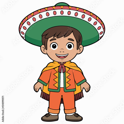 Happy mexican boy wearing traditional sombrero and outfit festive colorful illustration for kids art red fun cute child