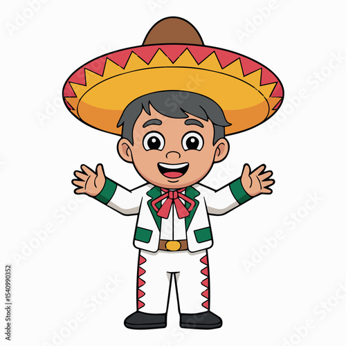 Happy mexican boy wearing traditional sombrero and outfit festive colorful cartoon illustration kid fun cute child image
